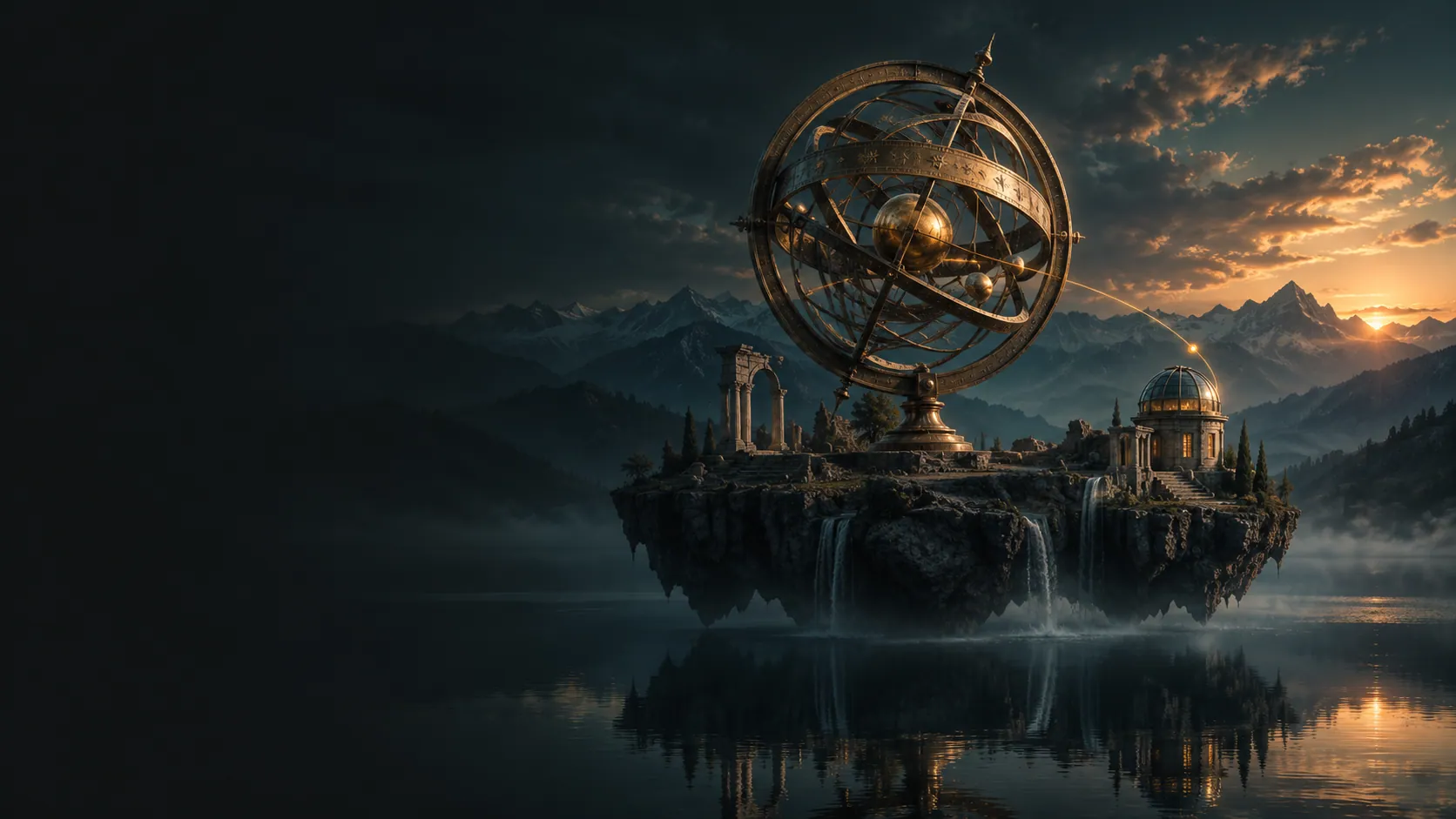 An original imagined world: a brass celestial sphere and ancient ruins suspended above an alpine lake at twilight.