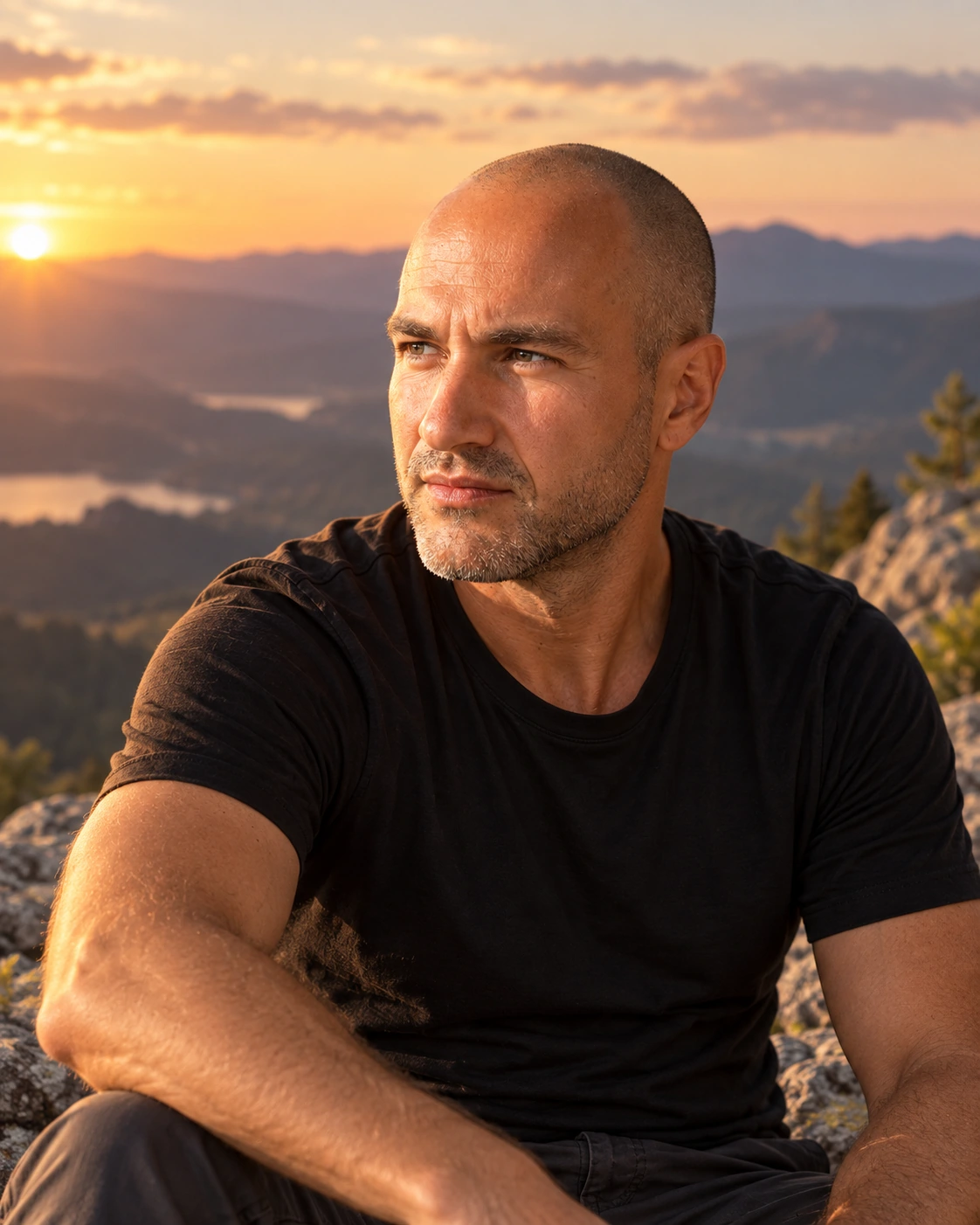 An AI-created editorial portrait of Cyril in the mountains at sunset.