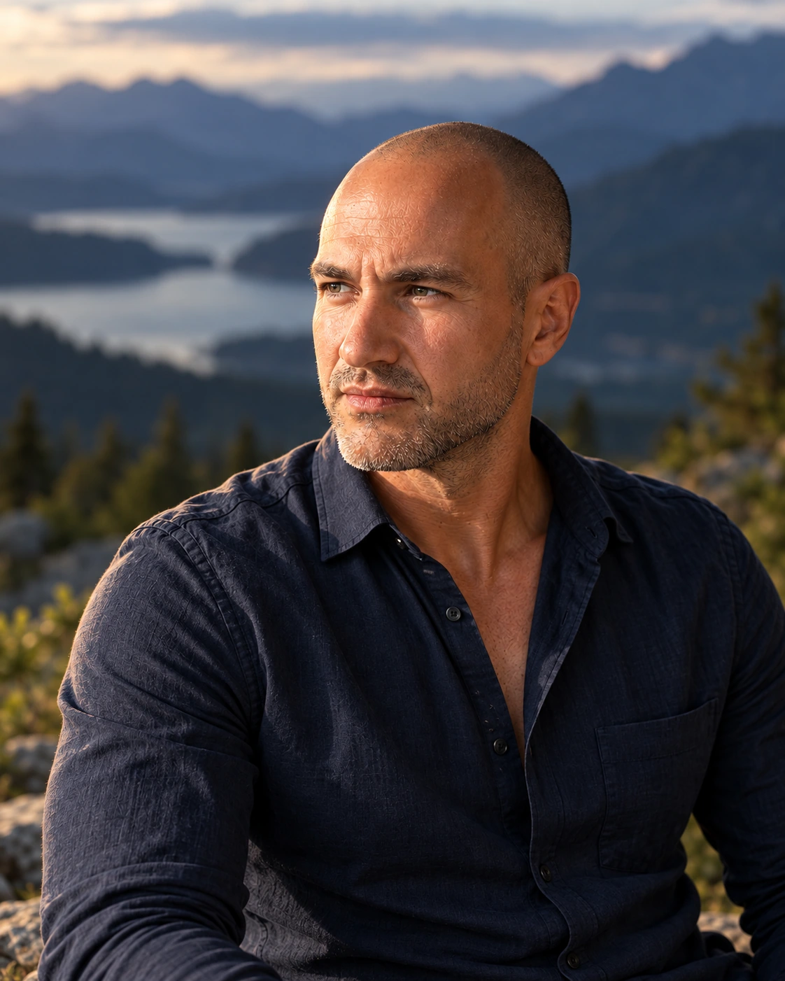 An AI-refined editorial portrait of Cyril beside an alpine lake, based on his original photograph.